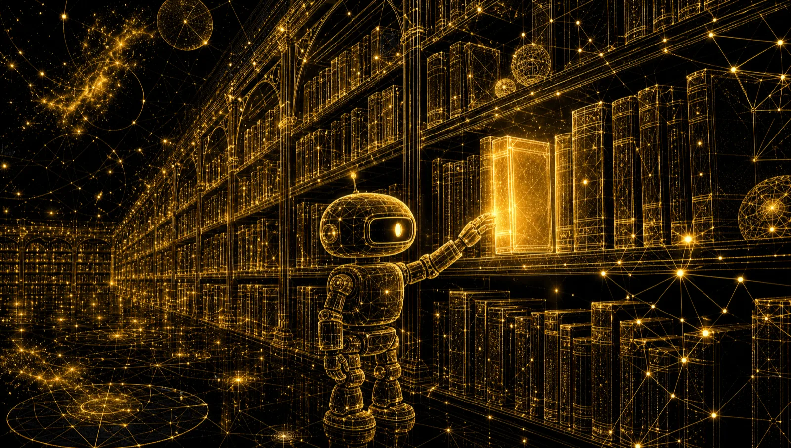 The Architect reaching for a glowing volume in a golden wireframe bookcase.